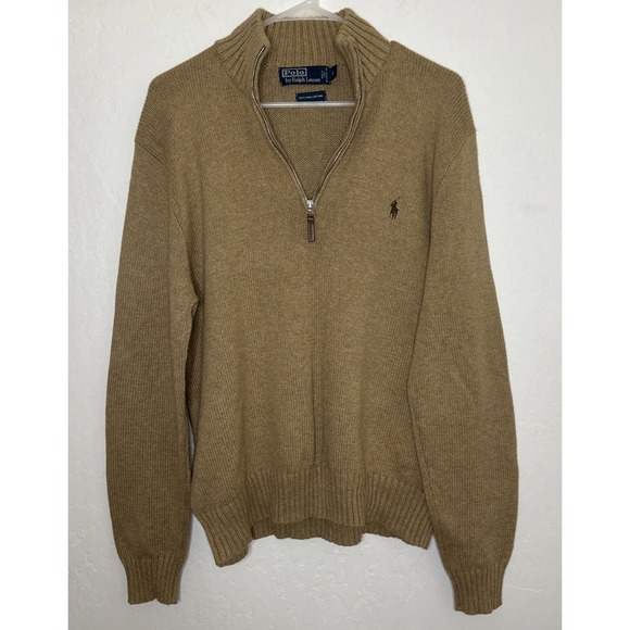 Polo Ralph Lauren Tan Knit Quarter Zip Sweater 100%  Pima Cotton Sz Large‎ Men's - Picture 1 of 4
